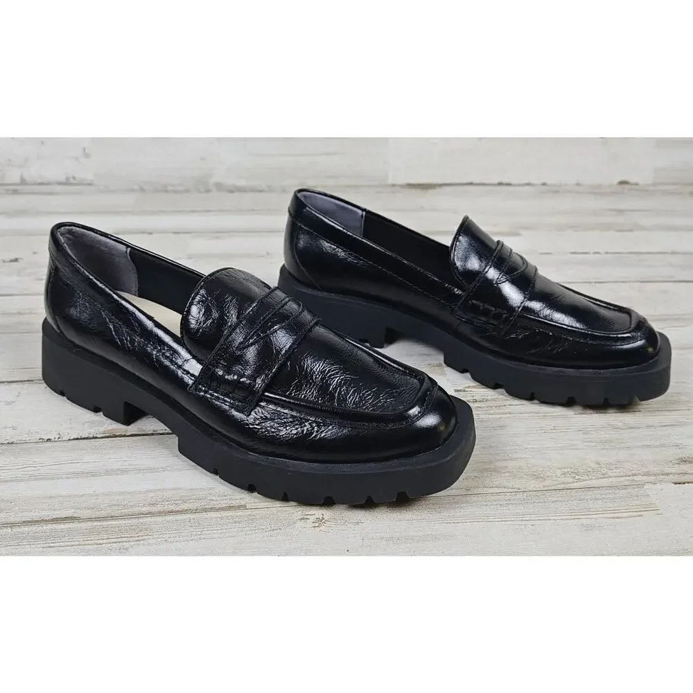 DOLCE VITA Black Patent Crinkle Leather Lug Sole Loafers Wmns 5.5 Slip On
